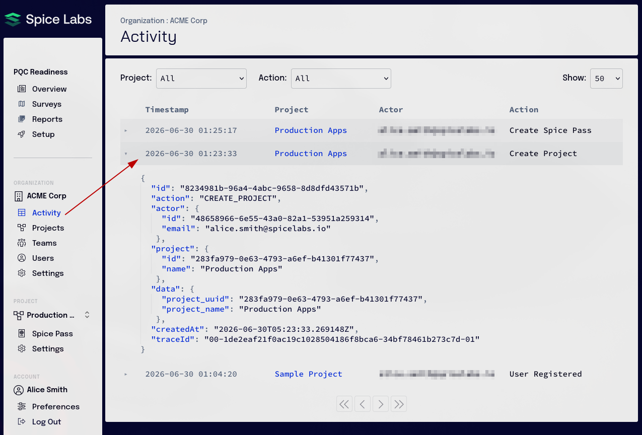 Activity detail showing JSON payload and trace ID