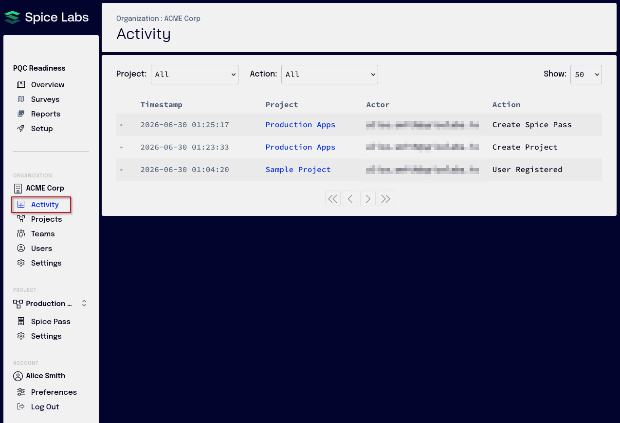 Activity log showing recent actions