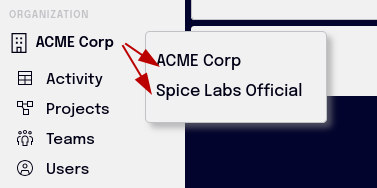 Organization picker expanded showing the list of available organizations