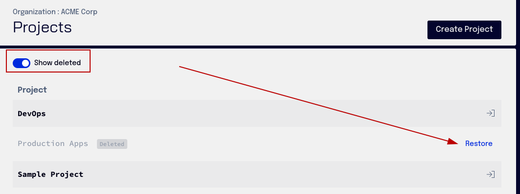 Deleted project with restore option