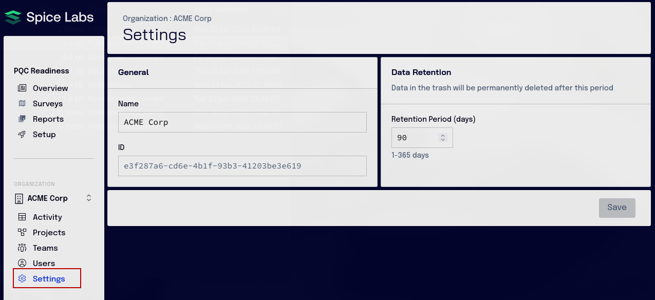 Organization settings page