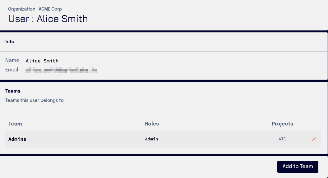 User detail page showing team memberships
