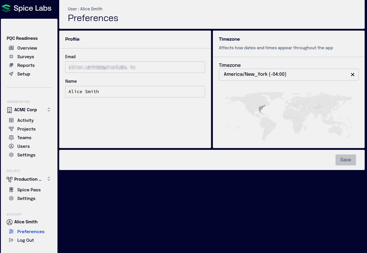 User preferences page