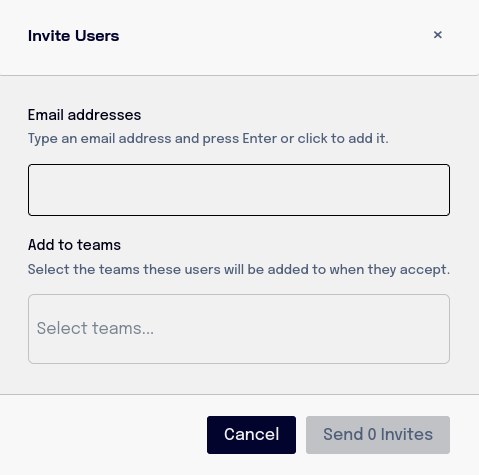 Invite users dialog with email and team selection