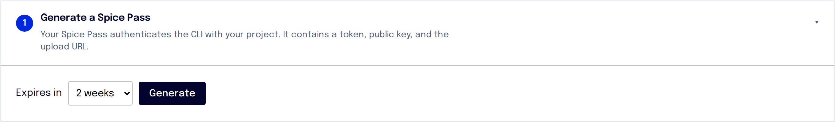 Step 1 of the Survey setup page, Generate a Spice Pass, with the Expires in menu set to 2 weeks and a Generate button.