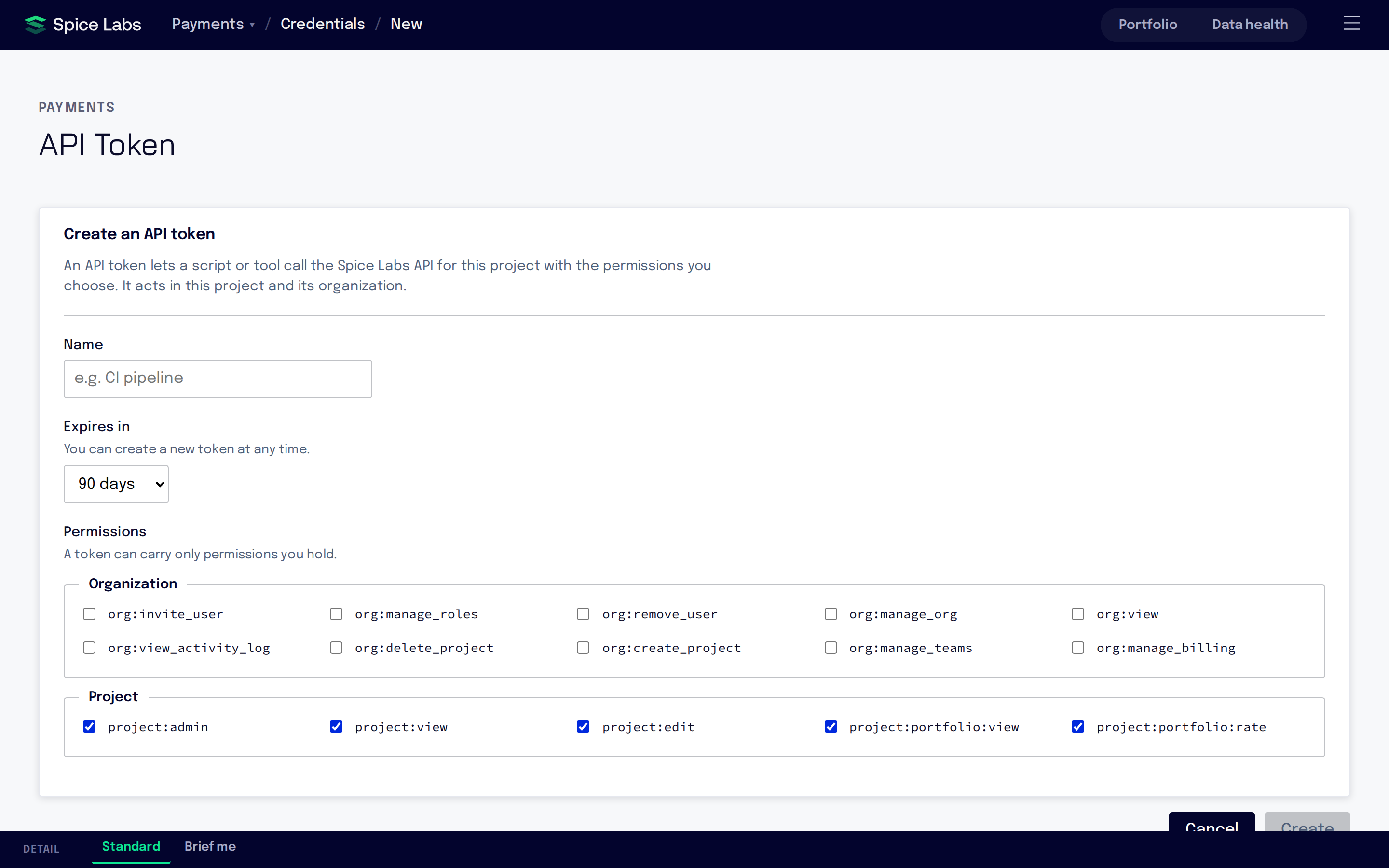 The Create an API token form with a Name field, Expires in set to 90 days, and permission checkboxes grouped under Organization and Project.