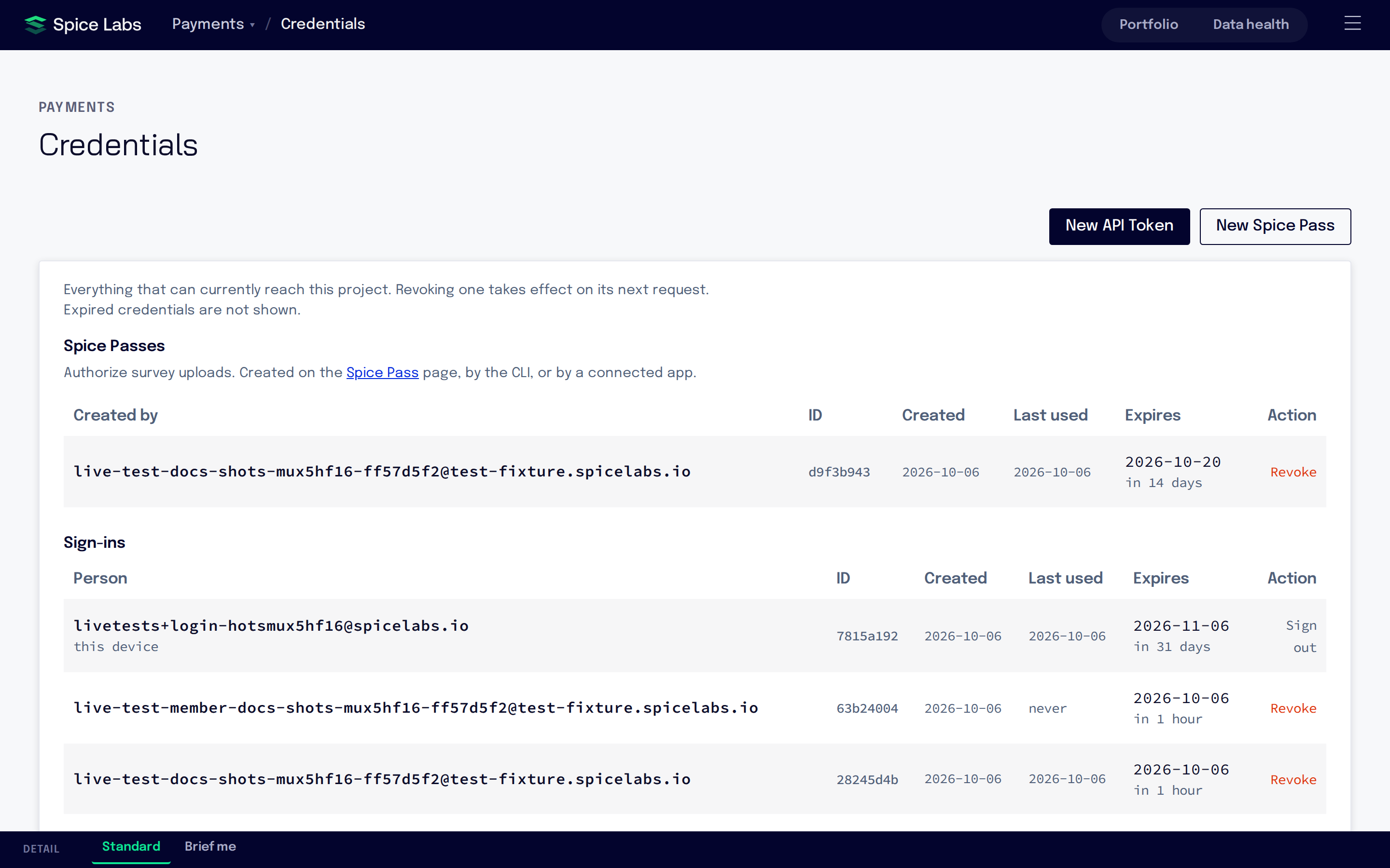 The Credentials page with New API Token and New Spice Pass buttons, a Spice Pass row and sign-in rows, each with a Revoke or Sign out action.