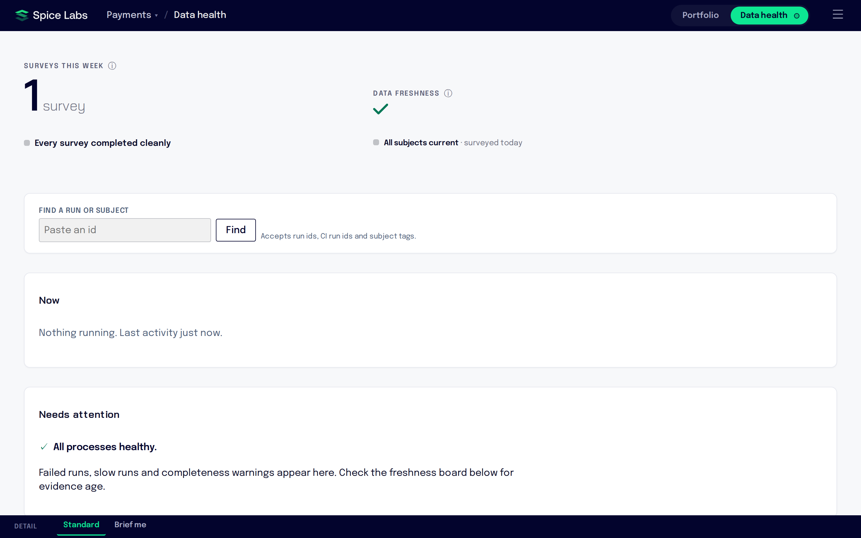 The Data health page with Surveys this week and Data freshness figures, a Find a run or subject box, and the Now and Needs attention sections.