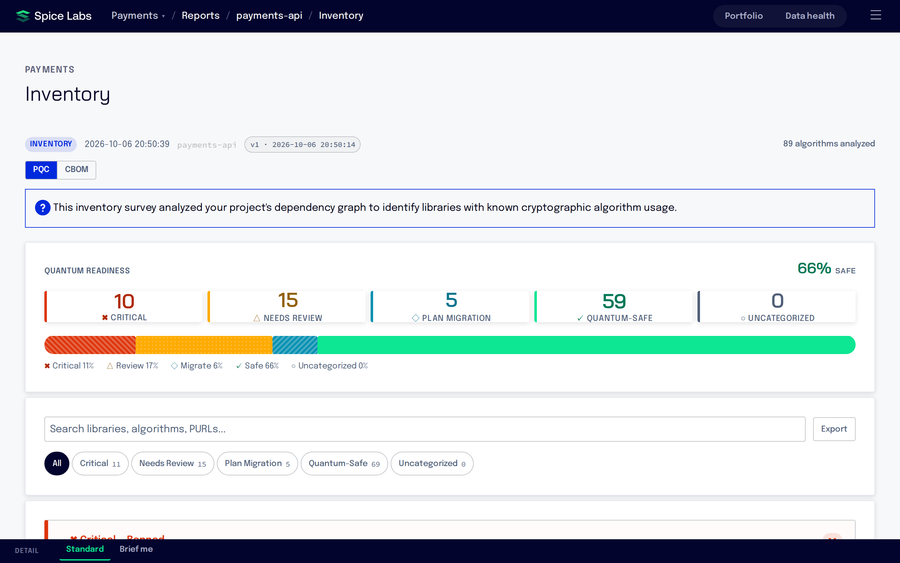 A post-quantum readiness report with counts and a bar by category (Critical, Needs review, Plan migration, Quantum-safe, Uncategorized), a search box with an Export button, and category filters.