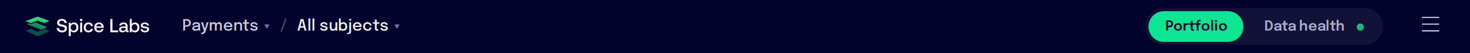 The dashboard top bar: the Spice Labs logo, the project name, All subjects, the Portfolio and Data health links, and the menu button.